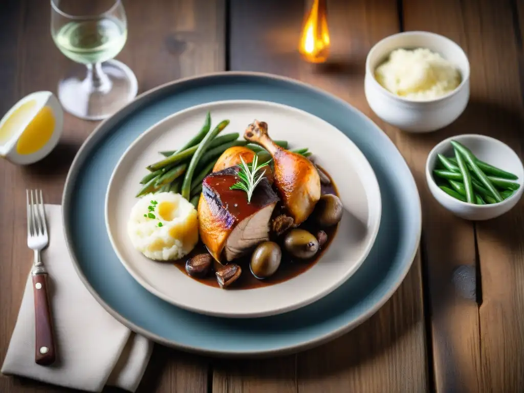 Una exquisita presentación de platos de gastronomía francesa: Coq au Vin con guarniciones, sobre una mesa rústica iluminada suavemente