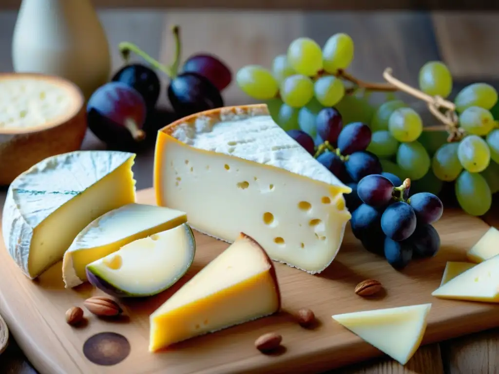 Una exquisita presentación de quesos franceses para regalar, con variedad de sabores y texturas en una tabla rústica de madera