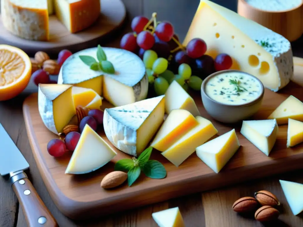 Una exquisita presentación de quesos franceses en una tabla decorada con frutas, nueces y hierbas, evocando la sofisticación de la gastronomía