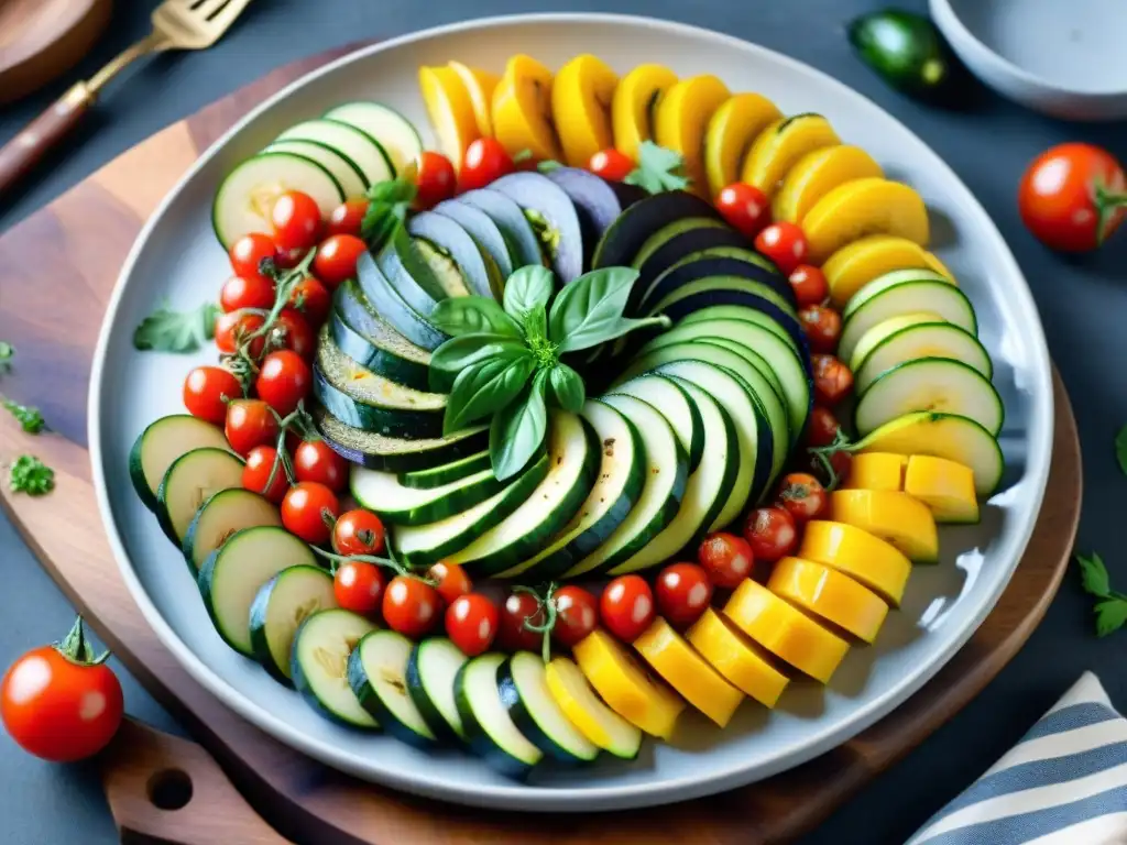 Una exquisita presentación de ratatouille vegana fácil en un plato vibrante y colorido sobre una mesa de madera rústica