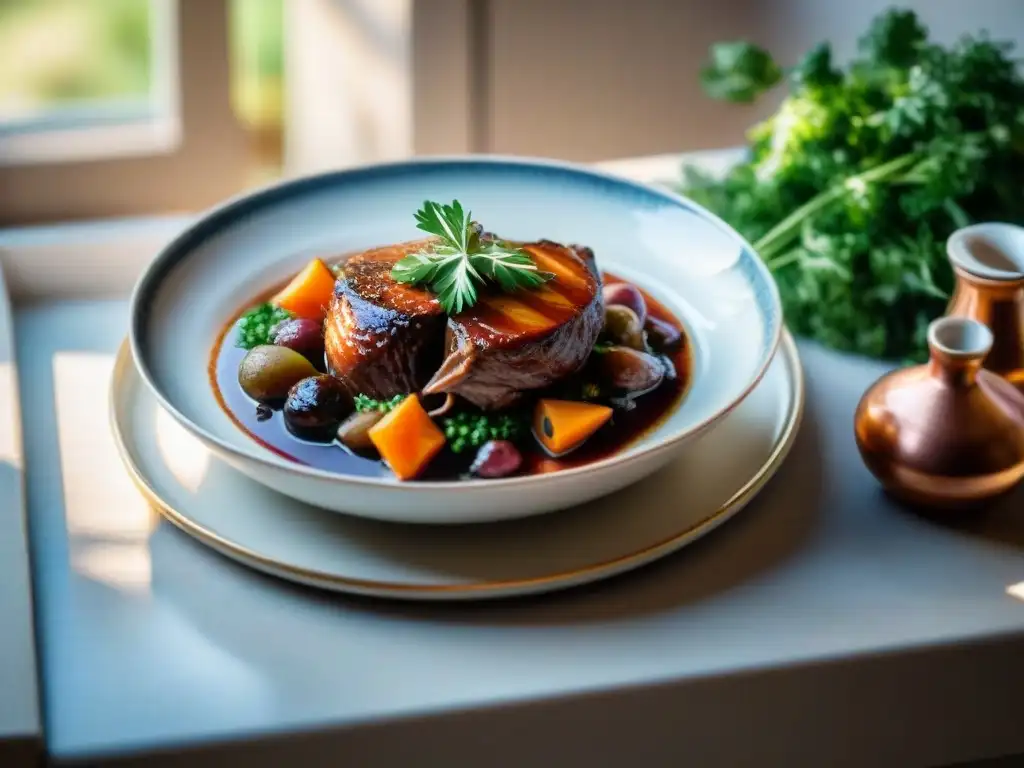 Una exquisita presentación del tradicional plato francés Coq au Vin, en un ambiente rústico y acogedor