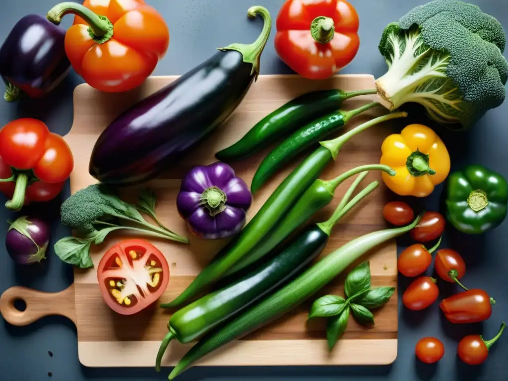 Una exquisita presentación de verduras frescas y coloridas en una tabla de cortar de madera rústica