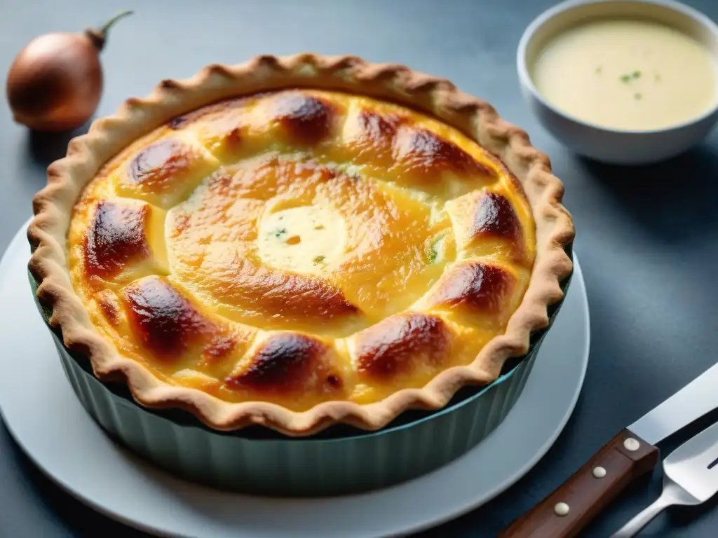 Una exquisita Quiche Lorraine horneada a la perfección, resplandeciendo con sus capas de ingredientes en un delicado equilibrio