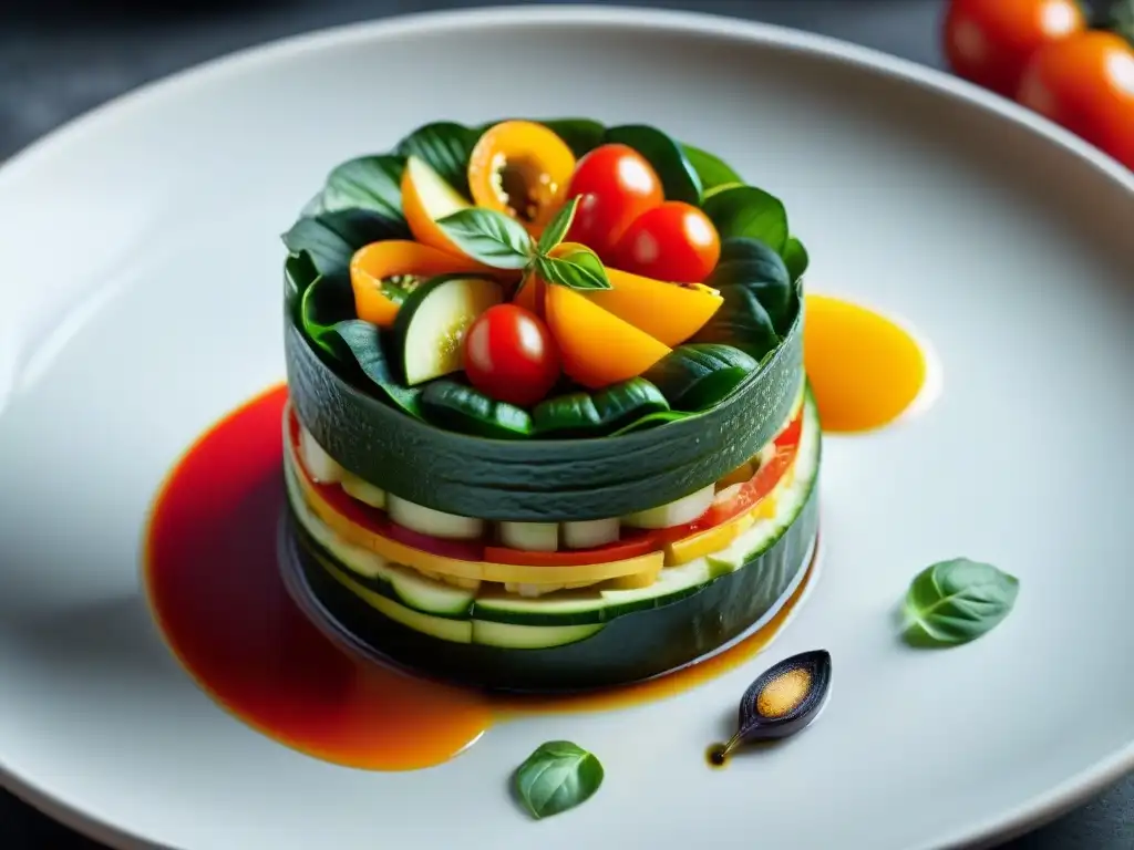 Una exquisita Ratatouille con influencia italiana en cocina francesa, resaltando colores y capas en armonía