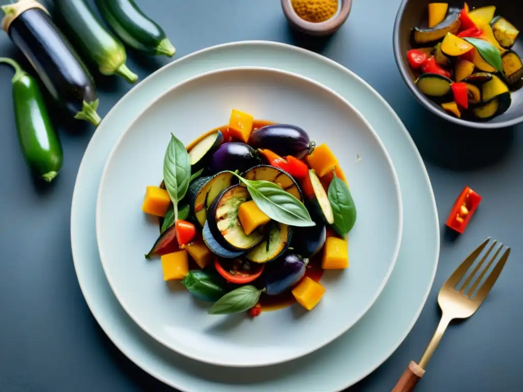 Una exquisita ratatouille vegana francesa en plato rústico, ambientada en bistró