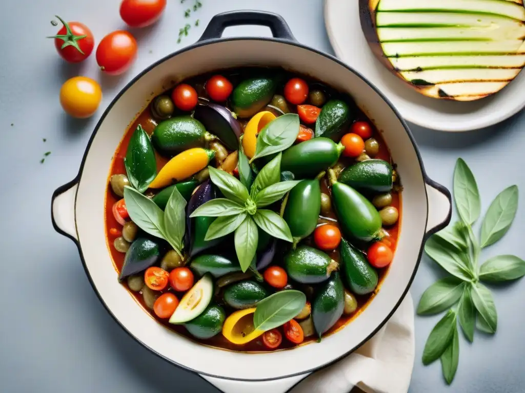 Exquisita ratatouille vegana en olla francesa, resaltando colores y texturas