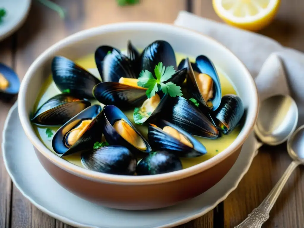 Una exquisita receta tradicional de Moules à la Crème Normande en detalle, con mussels jugosos y caldo cremoso