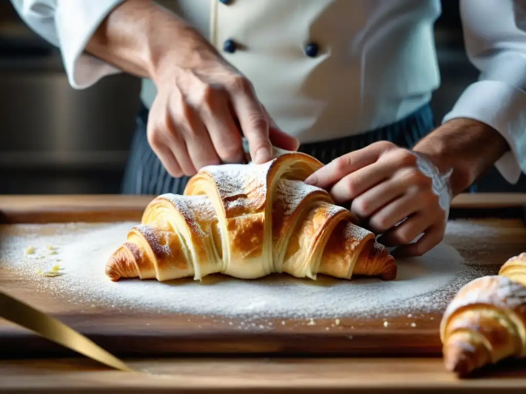 Exquisita fermentación en repostería francesa: un chef plegando con destreza capas de hojaldre para un croissant perfecto