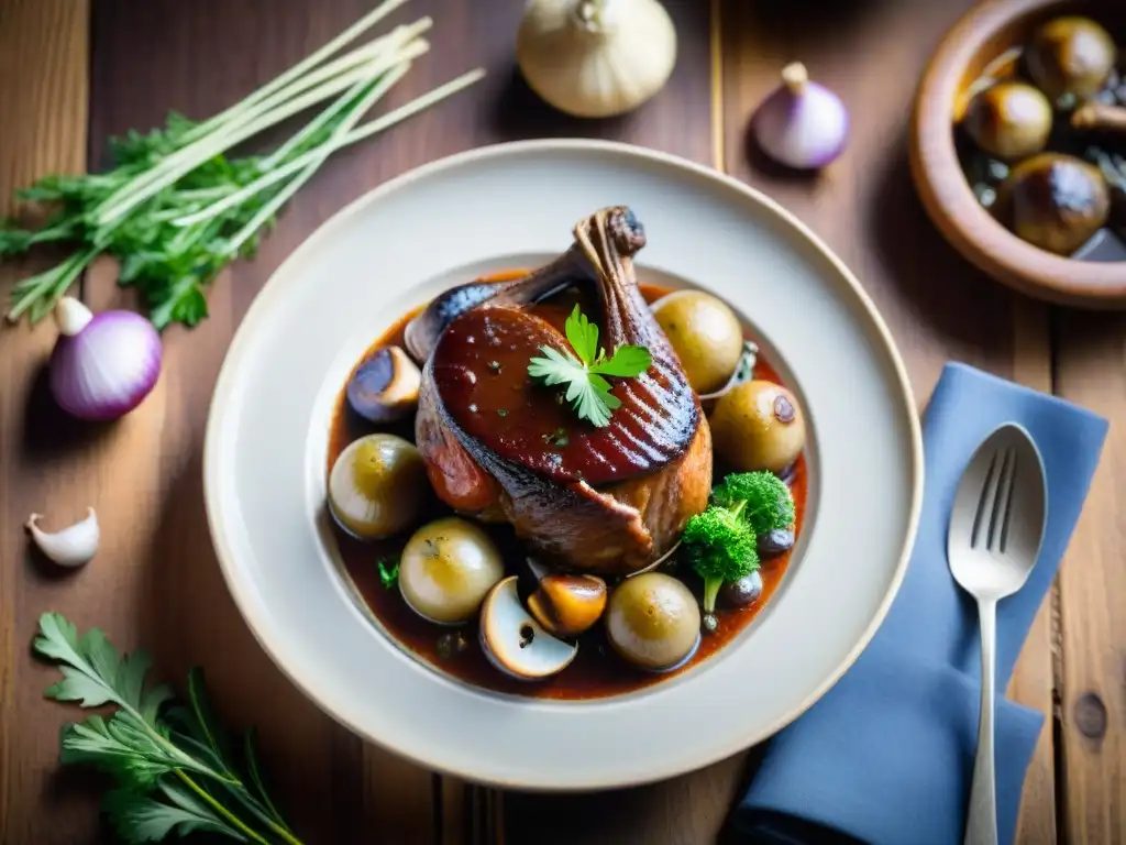 Una exquisita fotografía de alta resolución de un Coq au Vin perfectamente adornado, resaltando la importancia de la cocina francesa