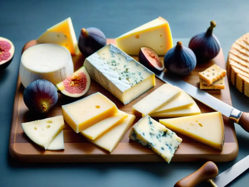 Una exquisita selección creativa de quesos franceses en una elegante tabla de madera con higos, miel y galletas artesanales