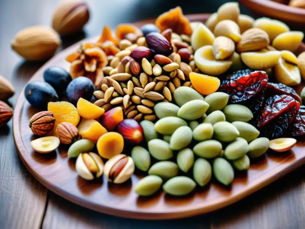 Una exquisita selección de frutos secos y frutas secas en un plato rústico de madera, resaltando la belleza de la gastronomía francesa