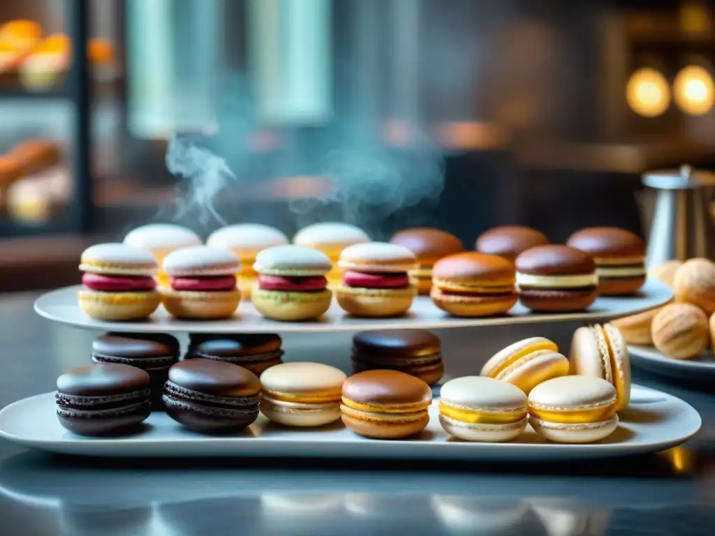 Una exquisita selección de pastelería francesa en elegantes platos con un café espresso