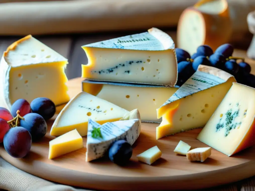 Una exquisita selección de quesos franceses sobre tabla rústica, con uvas y higos frescos, en un escenario campestre francés