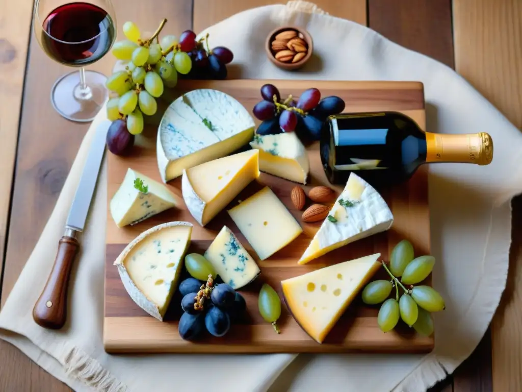 Una exquisita selección de quesos franceses y vinos finos en una mesa rústica