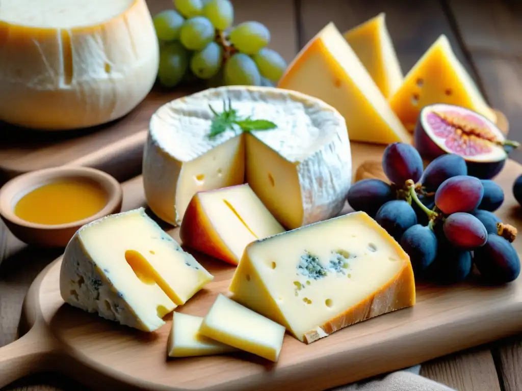 Una exquisita selección de quesos franceses regionales en una tabla rústica, rodeados de frutas y pan artesanal