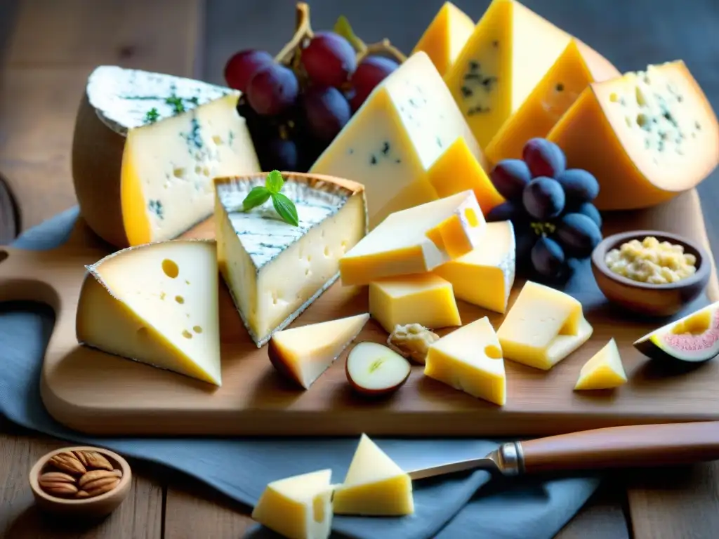 Una exquisita selección de quesos franceses en tabla rústica: Brie, Roquefort, Comté y chèvre, acompañados de uvas, higos y galletas artesanales