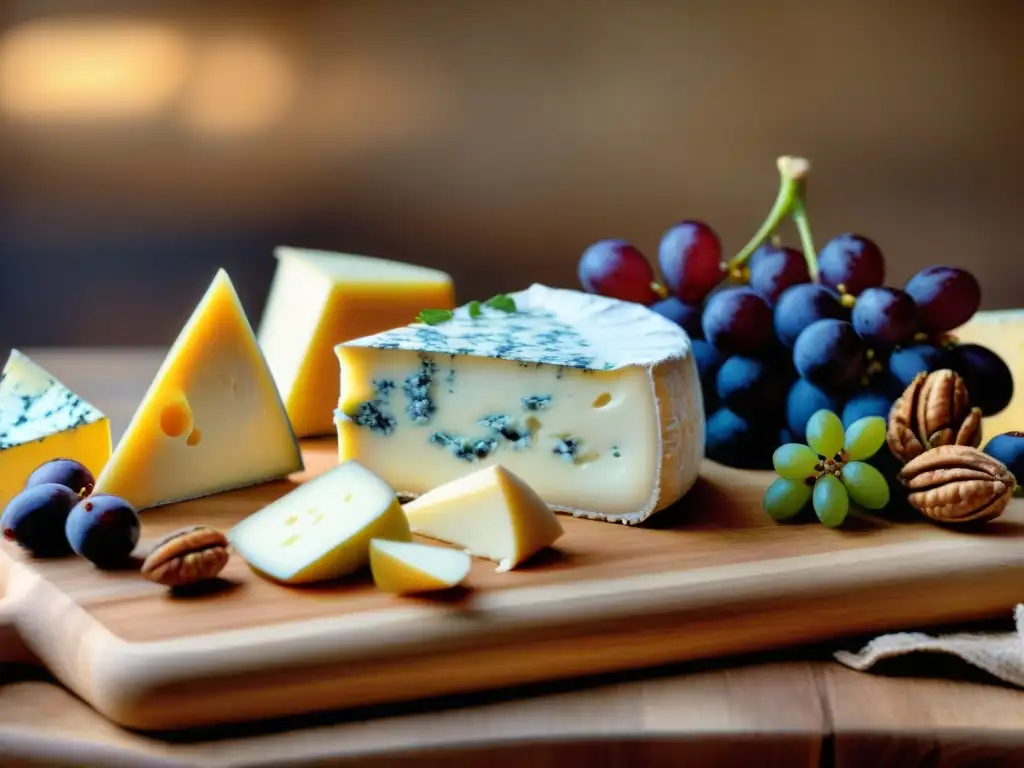 Una exquisita selección de quesos franceses en tabla de madera rústica, resaltando beneficios nutricionales