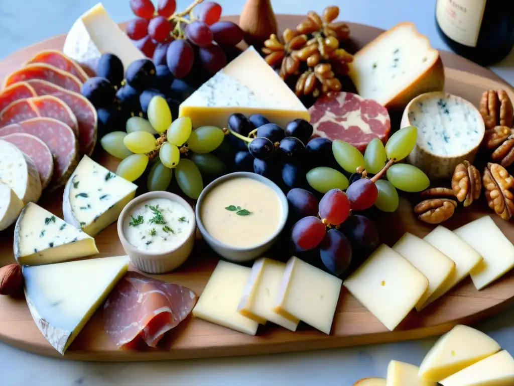 Una exquisita tabla de charcutería francesa con maridajes de quesos y embutidos, uvas, higos y nueces