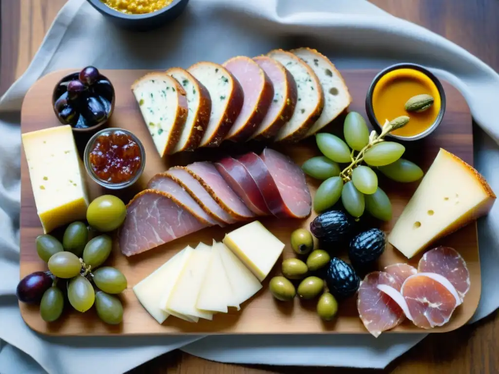 Una exquisita tabla de charcutería francesa, con maridajes de charcutería francesa, quesos, frutas y baguette en una mesa rústica