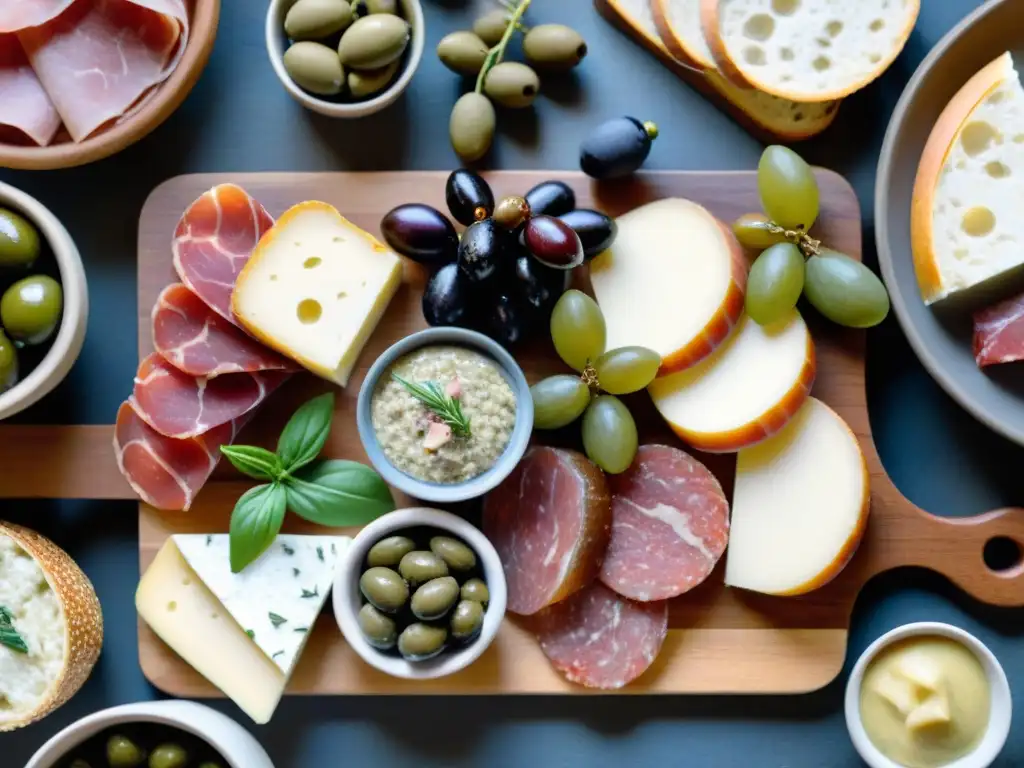 Una exquisita tabla de charcutería francesa con saucisson, jambon, pâté, quesos, aceitunas y baguette