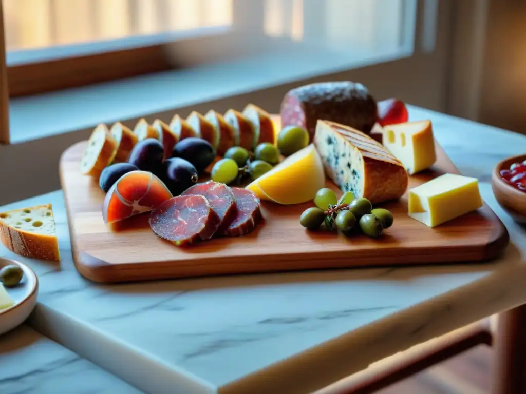 Una exquisita tabla de charcutería francesa: guía completa, con embutidos, quesos, baguettes y más, iluminada por la suave luz natural