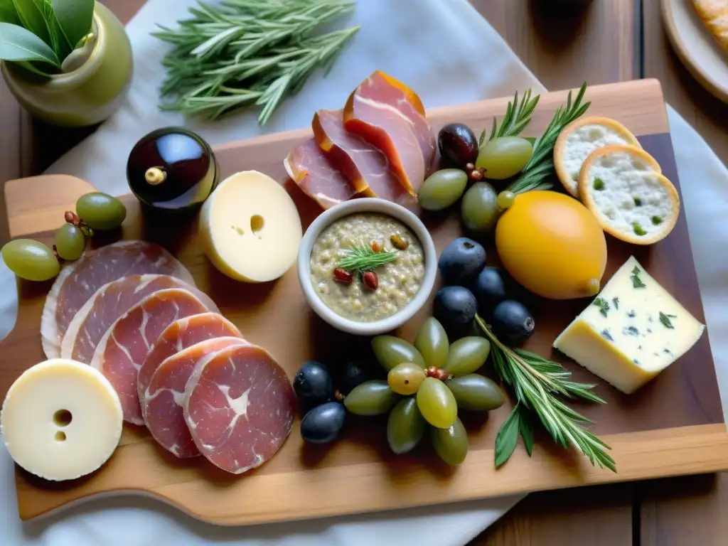 Una exquisita tabla de charcutería francesa con jamón de Bayonne, saucisson sec y pâté de campagne, acompañados de quesos artesanales, baguettes y aceitunas