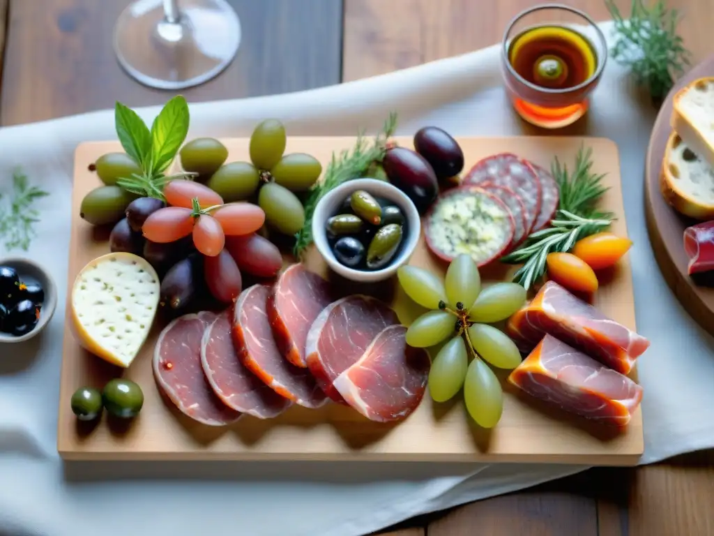 Una exquisita tabla de charcutería francesa tradicional de Ródano-Alpes, con embutidos artesanales y adornos coloridos