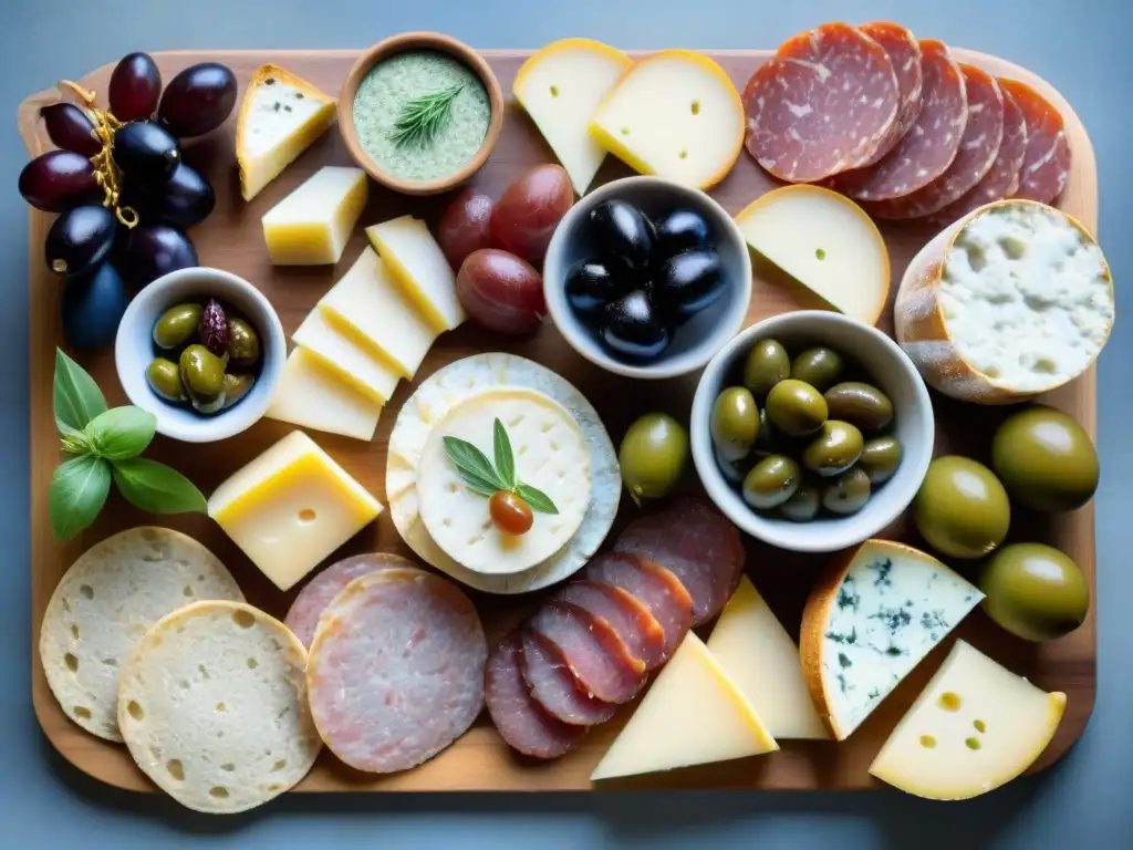 Una exquisita tabla de charcutería tradicional de Ródano-Alpes, repleta de embutidos artesanales y quesos locales, en un entorno campestre francés