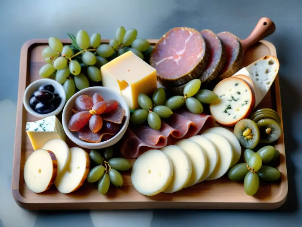 Una exquisita tabla de embutidos franceses con quesos, frutas y pan, iluminada por luz natural