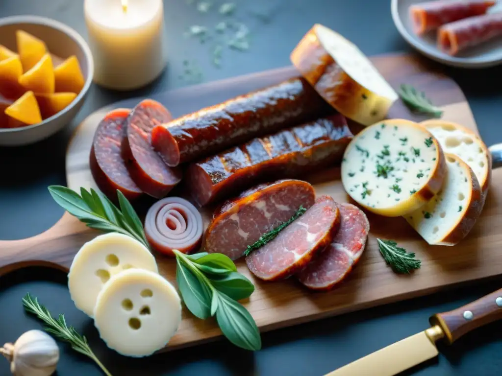 Exquisita tabla de embutidos franceses: saucisson sec, saucisson d'Arles, queso, hierbas y baguette