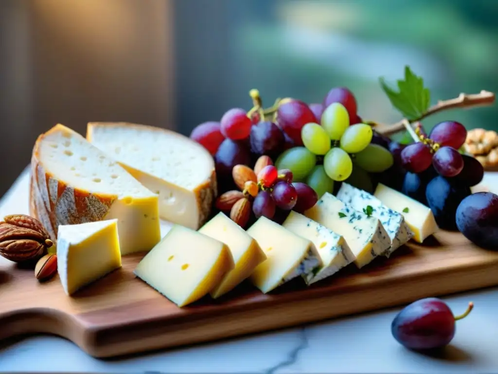 Una exquisita tabla de quesos artesanales con Queso Boursin, uvas, higos y frutos secos, iluminada por la suave luz natural