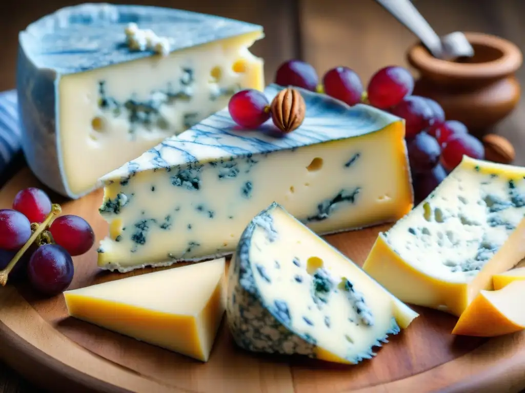 Una exquisita tabla de quesos azules franceses, con Roquefort, Bleu d'Auvergne y Fourme d'Ambert, uvas, nueces y miel