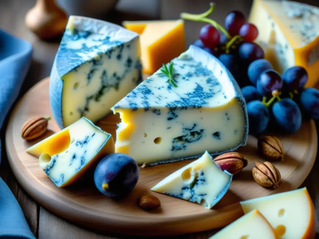 Una exquisita tabla de quesos azules franceses con variedades de sabor, presentados de forma elegante en una tabla de madera rústica