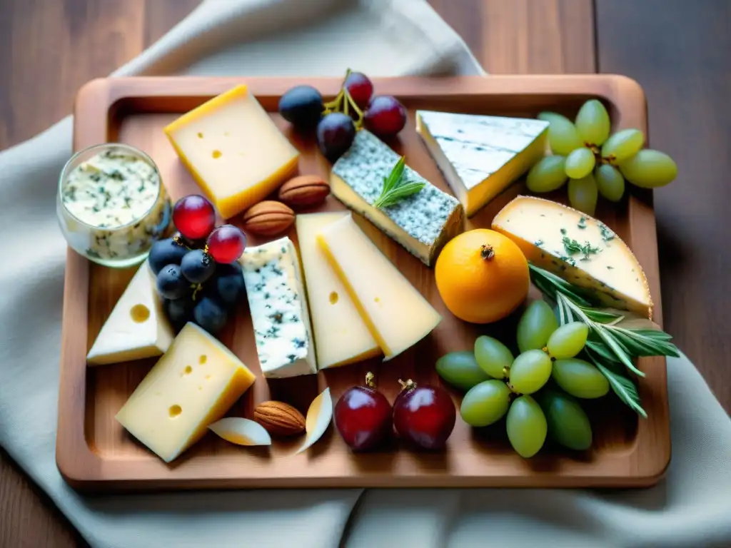 Exquisita tabla de quesos franceses originales con Brie, Camembert, Roquefort y Comté, acompañados de frutas, nueces y miel