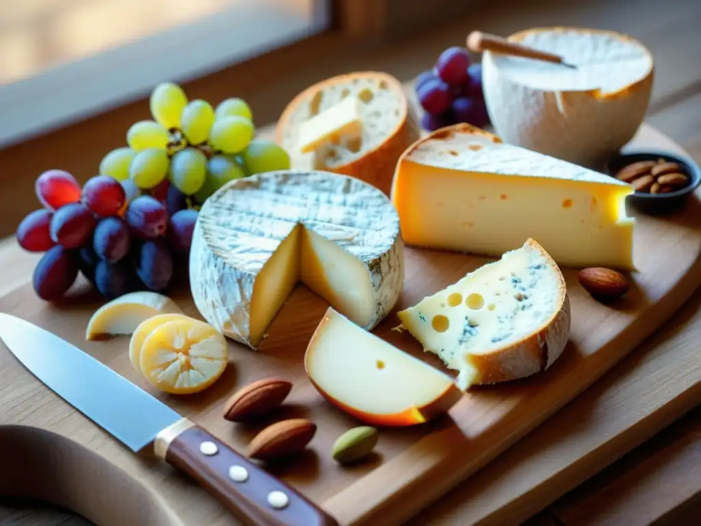 Una exquisita tabla de quesos franceses en Niza, con Brie, Roquefort y Camembert, baguettes, uvas y nueces