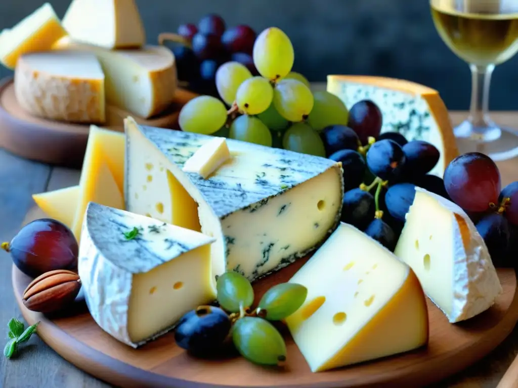 Una exquisita tabla de quesos franceses con uvas frescas, higos, nueces y pan artesanal