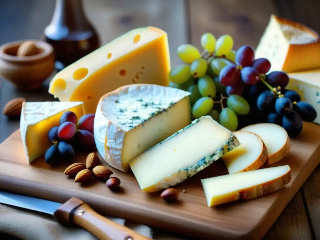 Exquisita tabla de quesos franceses con baguettes, uvas y frutos secos