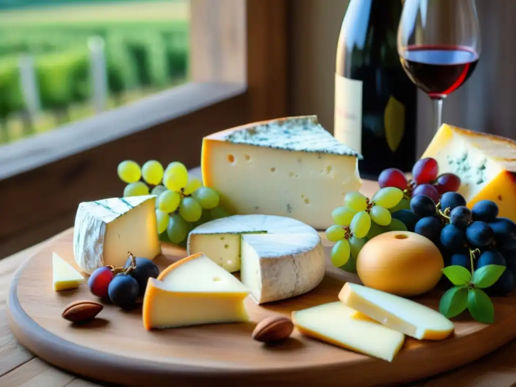 Placeres franceses: tabla de quesos y vinos Una exquisita tabla de quesos franceses y vinos finos, rodeada de paisajes campestres