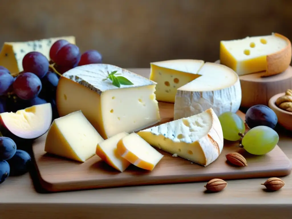 Una exquisita tabla de quesos franceses tradicionales y regionales, con frutas y pan artesanal, sobre una mesa rústica