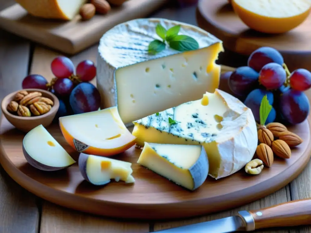 Una exquisita tabla de quesos franceses tradicionales y deliciosos, acompañados de frutas y frutos secos frescos