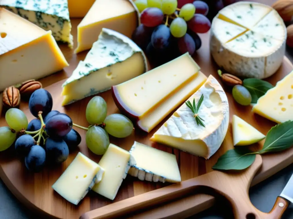 Tabla de quesos franceses: una delicia visual en la campiña Exquisita tabla de quesos franceses para impresionar invitados en un escenario campestre acogedor
