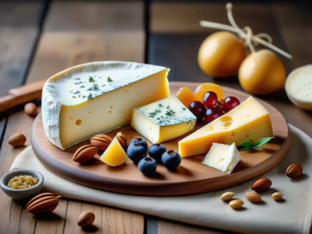 Una exquisita tabla de quesos franceses combinada con frutos secos y miel, junto a una taza de café