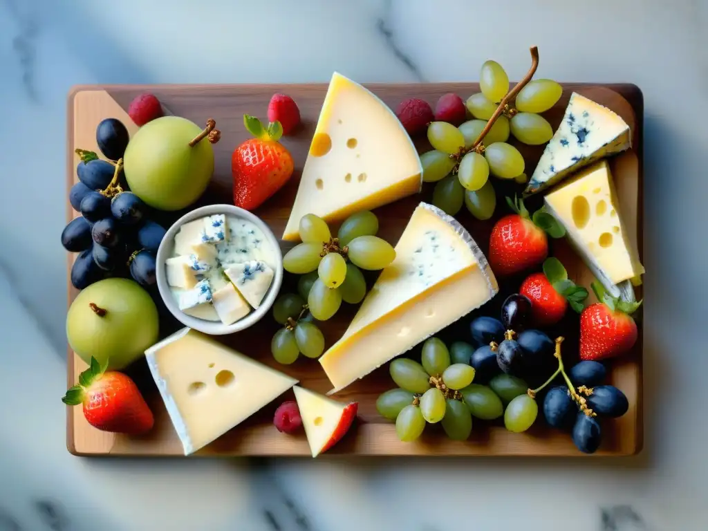 Una exquisita tabla de quesos franceses y frutas, maridaje perfecto de colores y sabores