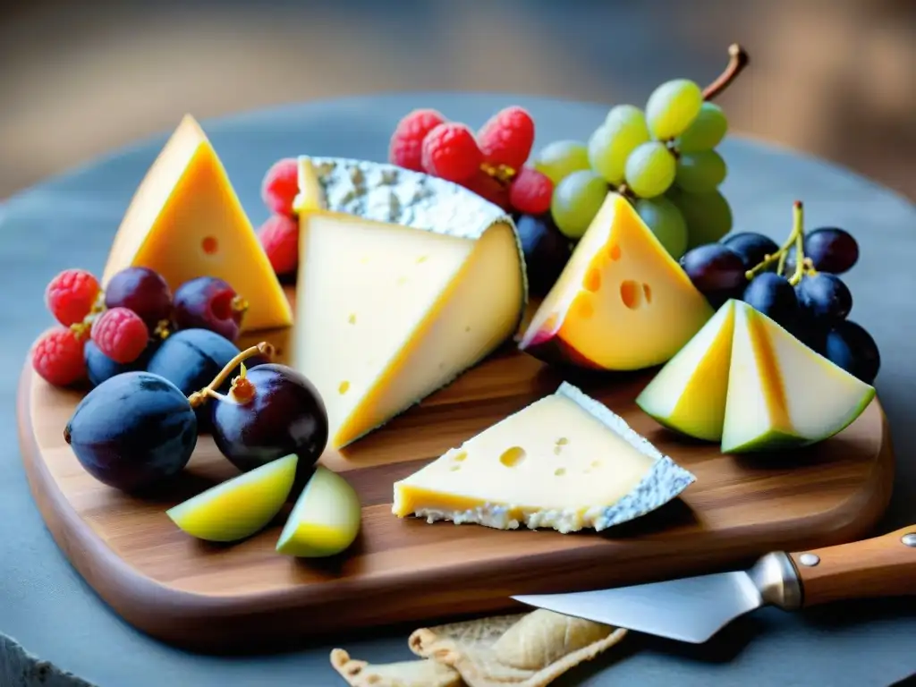 Una exquisita tabla de quesos franceses con frutas frescas, perfecto maridaje de sabores y colores