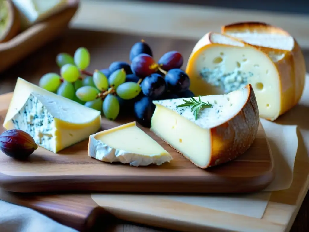 Una exquisita tabla de quesos franceses para niños con Brie, Camembert, Roquefort y Comté, acompañados de baguette, uvas y higos