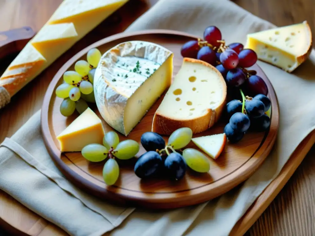 Exquisita tabla de quesos franceses: Brie, Camembert, Roquefort y Comté con baguettes, uvas y vino tinto