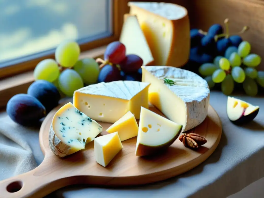 Una exquisita tabla de quesos franceses y panes artesanales, bañados por la cálida luz natural, creando una escena culinaria irresistible