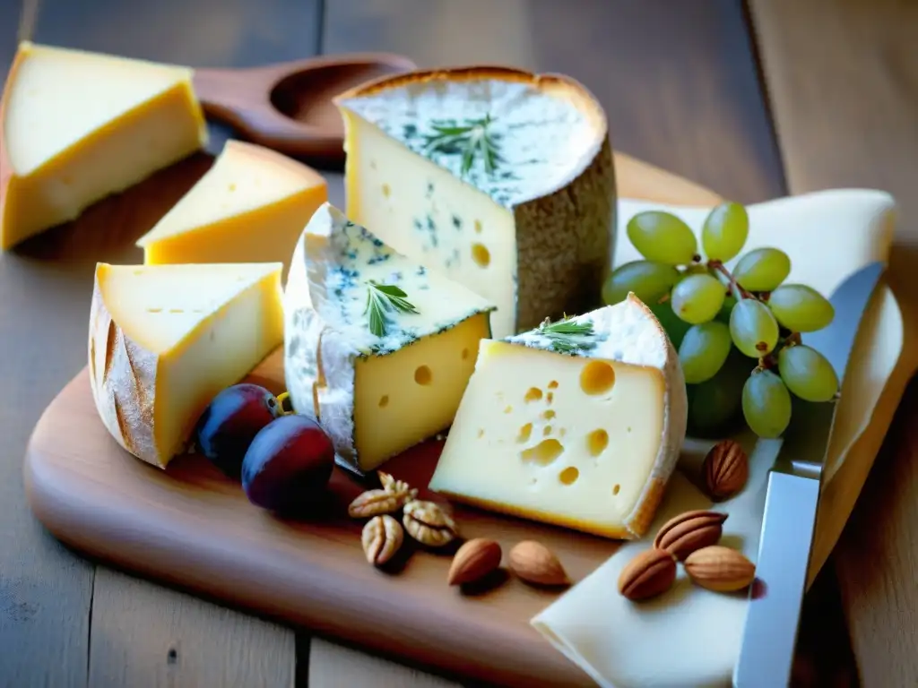 Una exquisita tabla de quesos franceses icónicos como Brie, Camembert, Roquefort y Comté