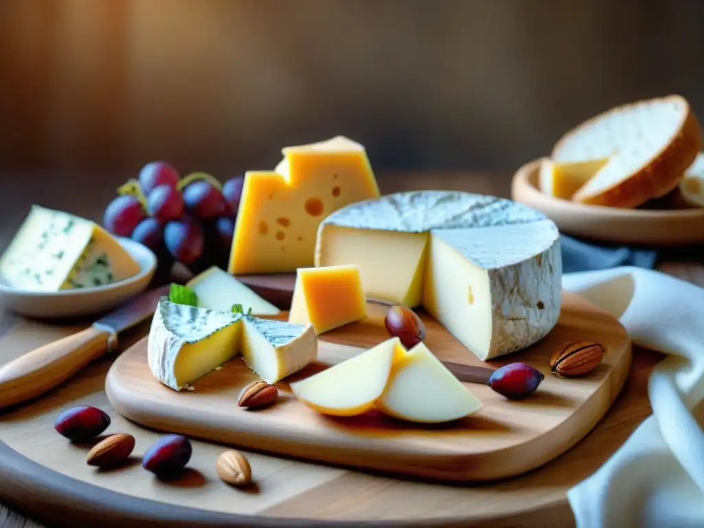 Una exquisita tabla de quesos franceses tradicionales y sabores, acompañada de vinos finos y delicias, en un escenario campestre acogedor