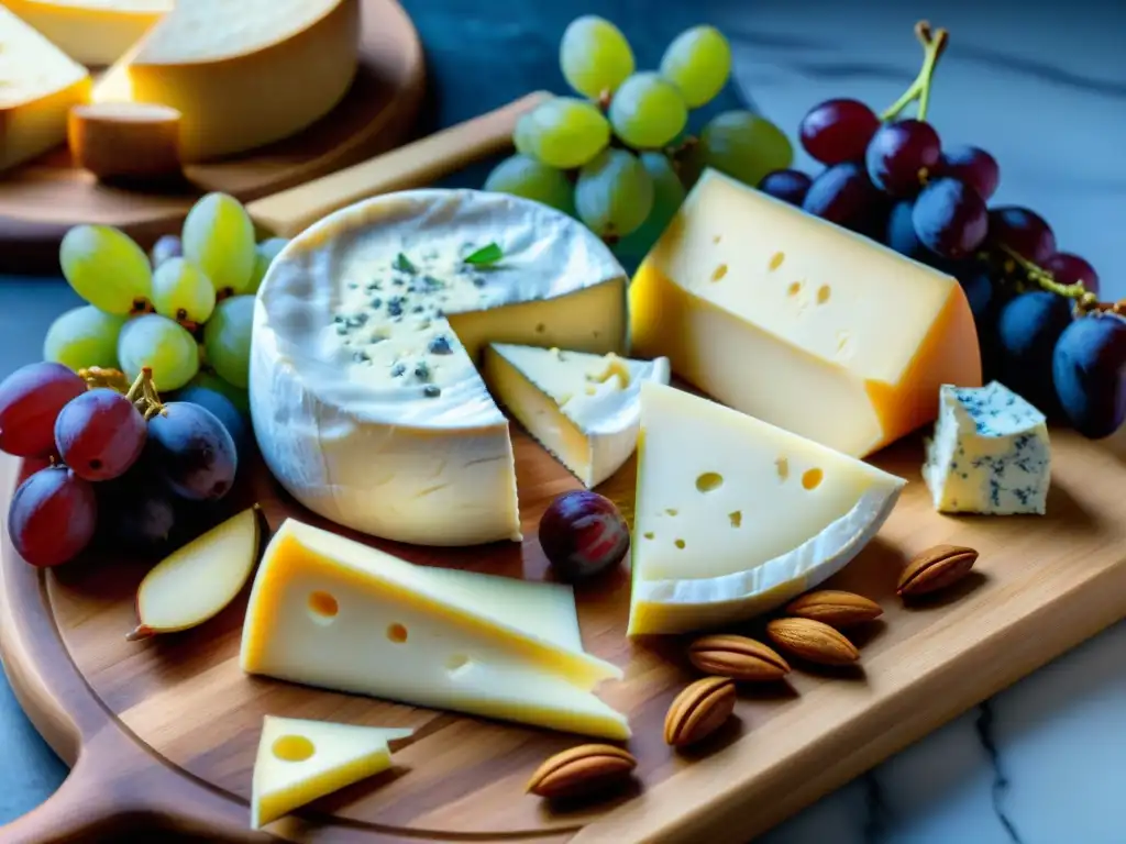 Una exquisita tabla de quesos franceses con Brie, Camembert, Roquefort y Comté, ideal para los amantes del queso